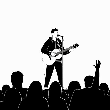 A musician performs on stage with an acoustic guitar, singing to an enthusiastic crowd in a monochrome illustration.のイラスト素材
