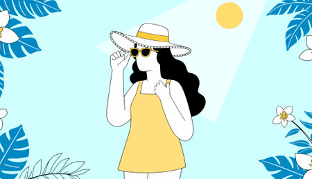 Illustration of a woman in a yellow dress, hat, and sunglasses, set against a tropical backdrop with flowers and leaves.のイラスト素材