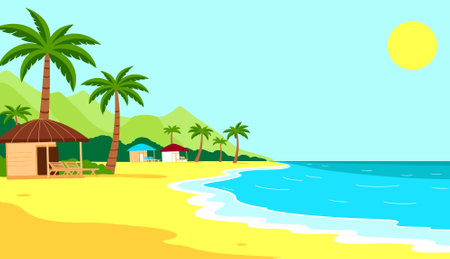 A serene tropical beach with palm trees, huts, and clear blue water under a bright sun, creating a perfect vacation getaway scene.のイラスト素材