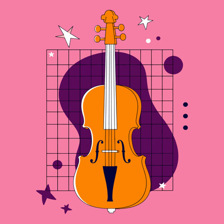 A vibrant, stylized illustration of a violin against a pink background with geometric shapes and stars, creating a modern and playful design.のイラスト素材
