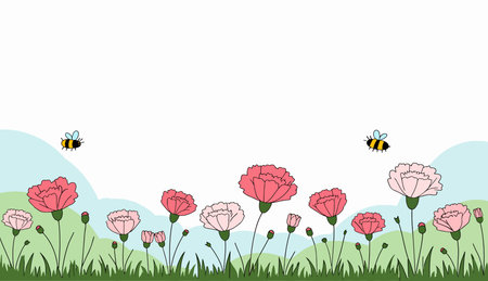 A colorful illustration featuring pink carnations, green grass, and two bees against a light blue and white background.のイラスト素材