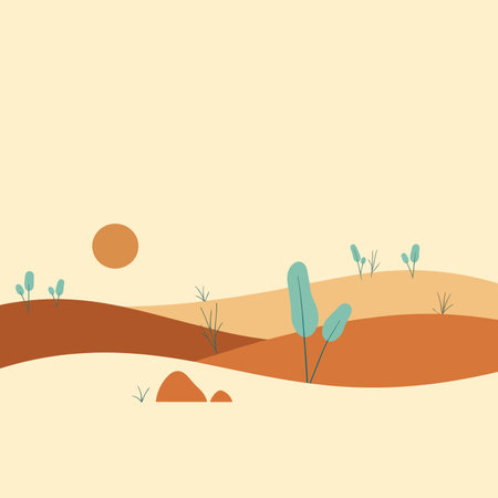 A serene minimalist illustration of a desert landscape with rolling hills, sparse vegetation, and a setting sun, rendered in soft, muted tones.のイラスト素材