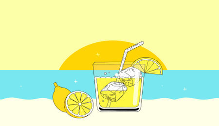 A refreshing lemonade illustration with lemons, ice, and a straw, set against a sunny beach background. Perfect for summer vibes.のイラスト素材