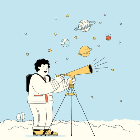 Illustration of an astronaut using a telescope to observe planets and stars in a whimsical, cartoon-style space exploration scene.のイラスト素材
