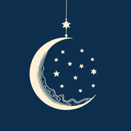 A white crescent moon with stars hanging from it against a dark purple background, creating a dreamy and celestial scene.のイラスト素材