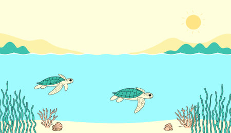 Illustration of two sea turtles swimming in a calm ocean with seaweed, coral, shells, and a bright sun in the sky.のイラスト素材