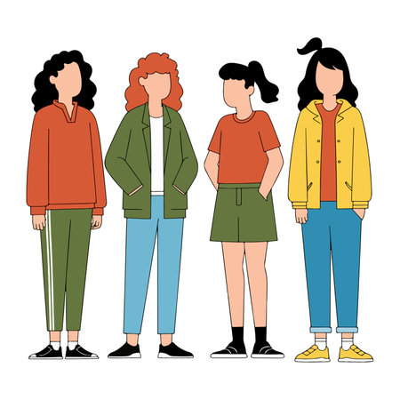 Illustration of four women standing side-by-side, each with unique hairstyles and outfits, showingcasing diverse casual fashion styles.のイラスト素材