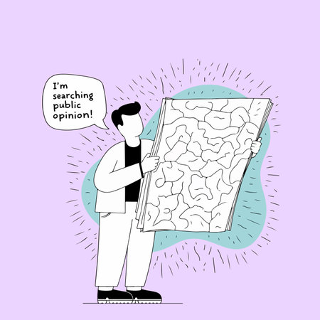 A person holds a map of public opinion, symbolizing the search for collective viewpoints and societal trends. Cartoon style, simple design.のイラスト素材