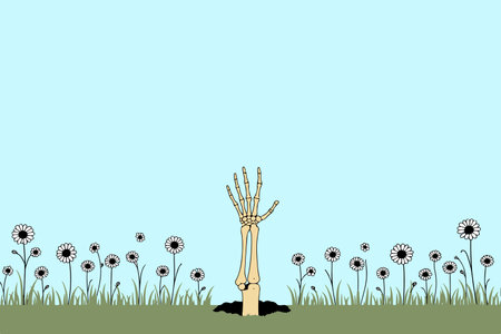 A skeleton hand rises from the earth amidst a field of daisies, set against a pale blue sky. A whimsical yet macabre scene.のイラスト素材