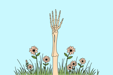 A skeletal arm rises from a bed of flowers and grass against a light blue background, blending the...