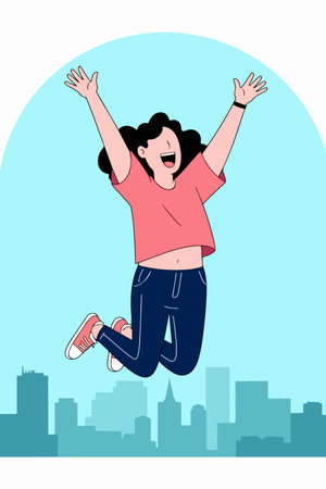 A cheerful woman jumps with arms raised against a light blue cityscape backdrop, radiating happiness and freedom. Vector illustration.のイラスト素材