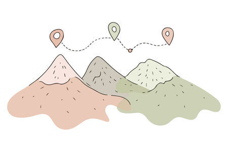 Stylized mountain range with location pins connected by a dotted line, suggesting a route or journey.のイラスト素材