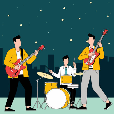 A band consisting of two guitarists and a drummer performs against a backdrop of city buildings under a starry night sky.のイラスト素材