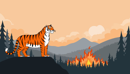 A tiger stands on a hill overlooking a forest fire, with mountains and trees in the background under an orange sky.のイラスト素材