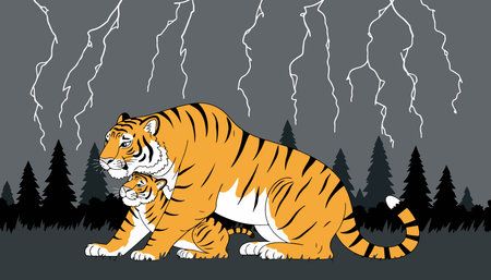 A tiger and its cub huddle together during a thunderstorm in a forest, with lightning illuminating the dark sky.のイラスト素材