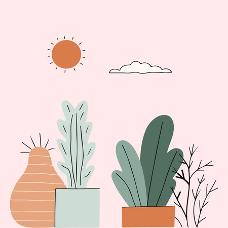 A simple illustration of indoor plants in pots, with a sun and cloud in the background, set against a light pink backdrop.のイラスト素材