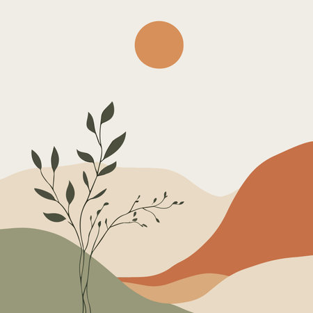 A serene minimalist landscape featuring a plant silhouette against rolling hills and a sun, rendered in earthy tones.のイラスト素材