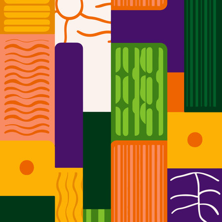 A vibrant, geometric pattern featuring a mix of shapes, lines, and colors in an abstract design....