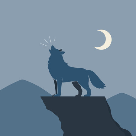 A minimalist illustration of a white wolf sitting on a cliff, howling at the crescent moon against a...