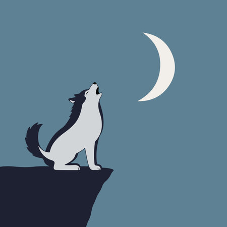 A minimalist illustration of a white wolf sitting on a cliff, howling at the crescent moon against a...
