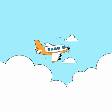A pink airplane soars through a blue sky dotted with fluffy white clouds, creating a whimsical and cheerful scene.のイラスト素材