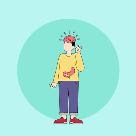 A cartoon illustration depicting the brain-gut connection with a brain above the head and a stomach...