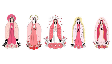 A collection of five stylized illustrations of the Virgin Mary, each with unique halo designs and floral embellishments in pink and red tones.のイラスト素材