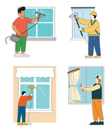 Illustration of four window cleaners using different tools to clean windows, showing various cleaning methods and equipment.のイラスト素材