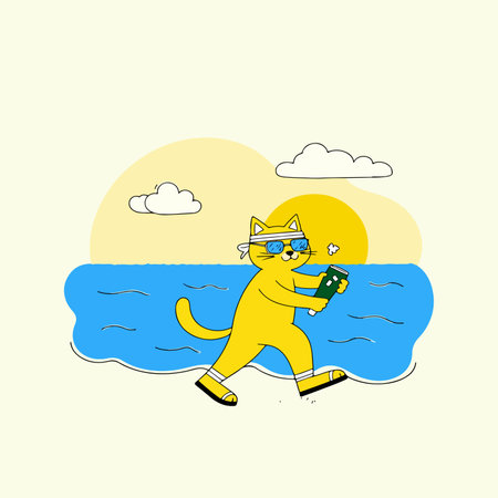 A yellow cat wearing sunglasses and a headband jogs along the beach with a drink in hand, set against a backdrop of the sea and a setting sun.のイラスト素材