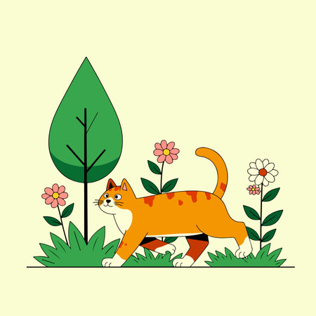 A cartoon-style illustration of an orange cat walking through a garden with flowers, grass, and a tree on a light yellow background.のイラスト素材