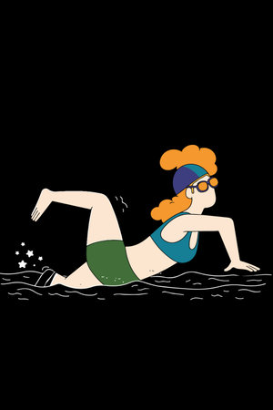 Illustration of a woman swimming freestyle in water, wearing a cap and goggles, against a black background.のイラスト素材