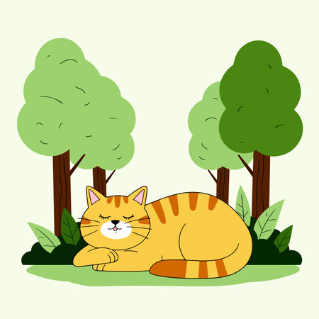 A cartoon illustration of a ginger tabby cat sleeping peacefully on the grass between two trees in a park setting.のイラスト素材