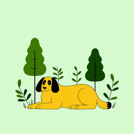 A cartoon-style golden dog lies in a field with trees and plants on a light green background.のイラスト素材