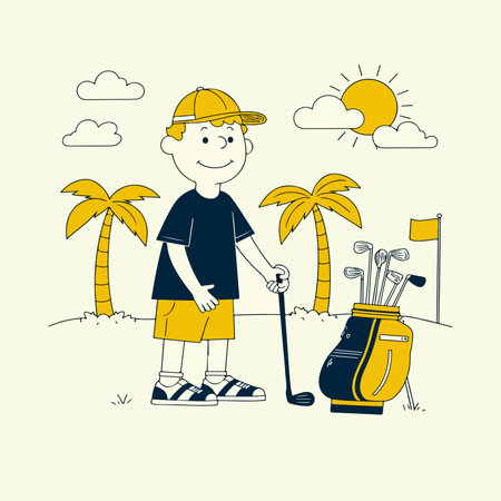 A cartoon golfer stands on a tropical island with palm trees, holding a golf club next to his golf bag.のイラスト素材