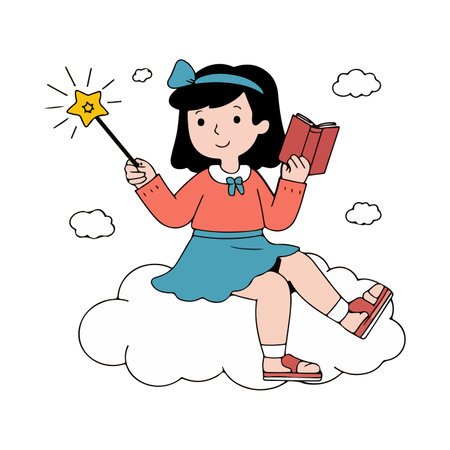 A cartoon girl sits on a cloud, reading a book and holding a magic wand, surrounded by cloud outlines.のイラスト素材