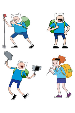 A collection of Adventure Time characters, including Finn and Marceline, in different poses and with various items, set against a white background.のイラスト素材