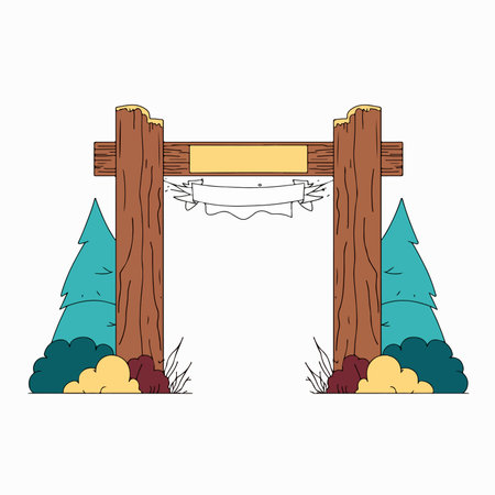 A cartoon-style wooden gate with a blank banner, flanked by trees and bushes, perfect for a whimsical outdoor setting.のイラスト素材