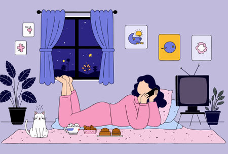 A woman in pink pajamas lies on a bed, talking on her phone in a cozy room with a cat, TV, snacks, and night view outside the window.のイラスト素材