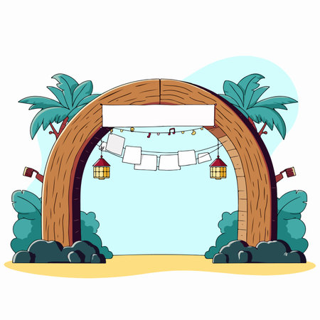 A cartoon-style tropical beach entrance with palm trees, decorations, and a blank banner, perfect for a festive or vacation-themed design.のイラスト素材