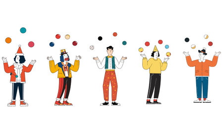 A group of five cartoon jugglers in colorful outfits, each juggling multiple balls. The style is simple and playful.のイラスト素材