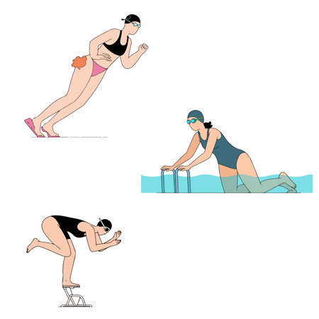 Illustration of three swimmers: one diving, one climbing out of the pool, and one walking with flip-flops.のイラスト素材