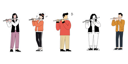 Illustration of five people playing the flute in a row, each with a unique outfit and style.のイラスト素材