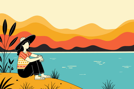 A woman in a hat sits by a calm lake with colorful mountains in the background, enjoying a peaceful moment in nature.のイラスト素材
