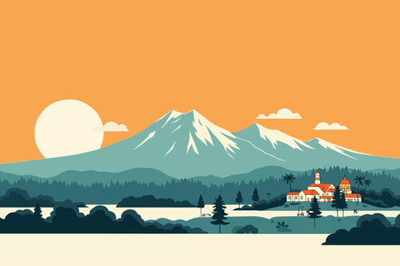 A serene landscape featuring mountains, a lake, buildings with red roofs, and a setting sun against an orange sky.のイラスト素材
