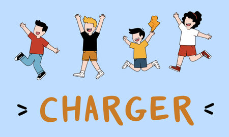 Four cartoon children are jumping above the word 'CHARGER' in a light blue background, expressing joy and energy.のイラスト素材