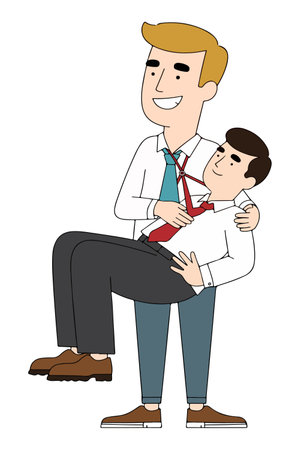 Cartoon illustration of a man carrying his colleague in his arms, both dressed in business attire, showingcasing teamwork or support.のイラスト素材