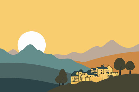 A serene landscape featuring a small village nestled among rolling hills and mountains, bathed in the warm glow of the setting sun.のイラスト素材