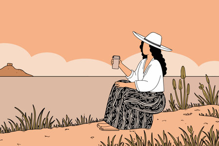 An illustration of a woman in a hat and patterned skirt sitting by a lake, holding a coffee cup, with a serene landscape backdrop.のイラスト素材