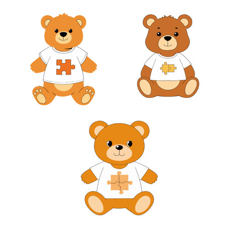 Three cartoon teddy bears wearing white t-shirts with puzzle piece designs, sitting against a white background.のイラスト素材