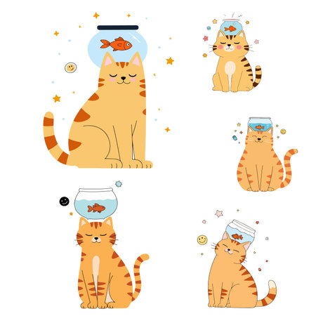Illustrations of adorable orange tabby cats balancing fishbowls on their heads, surrounded by stars and smiley faces.のイラスト素材